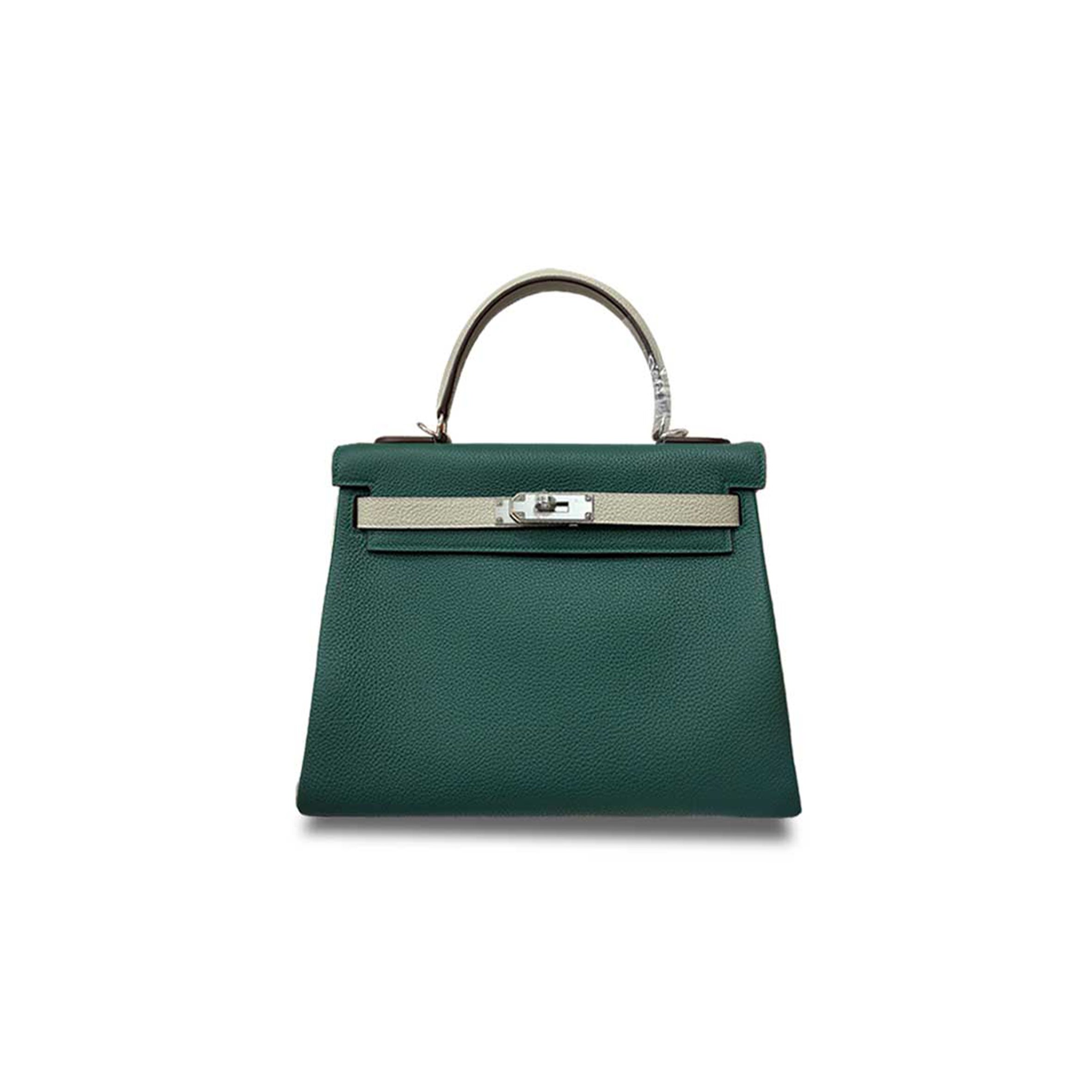 H**mes kelly 25 togo color matching malachite green milkshake white silver buckle (25*17*7cm)